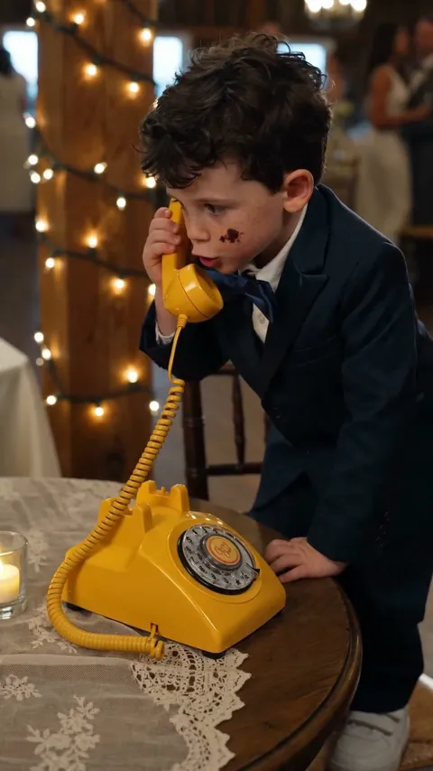 Reel still: a boy with a chocolate-smeared face confessing into a yellow retro phone