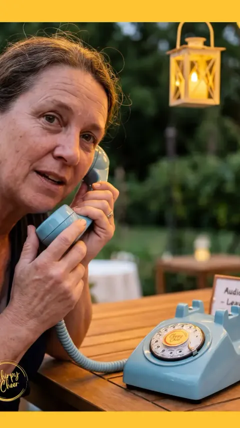 Reel still: a guest leaving a message on a blue retro phone