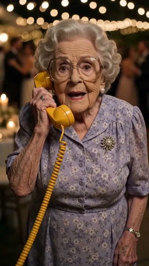 Reel still: a grandmother mid-story on a yellow retro phone
