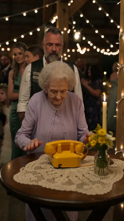 Reel still: a grandmother reaching for the audio guestbook phone