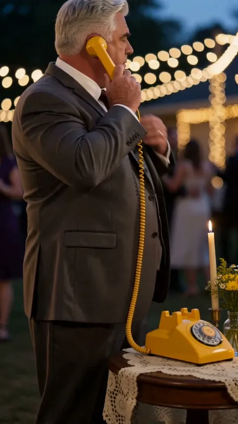Reel still: a wedding guest listening on a yellow retro phone at dusk