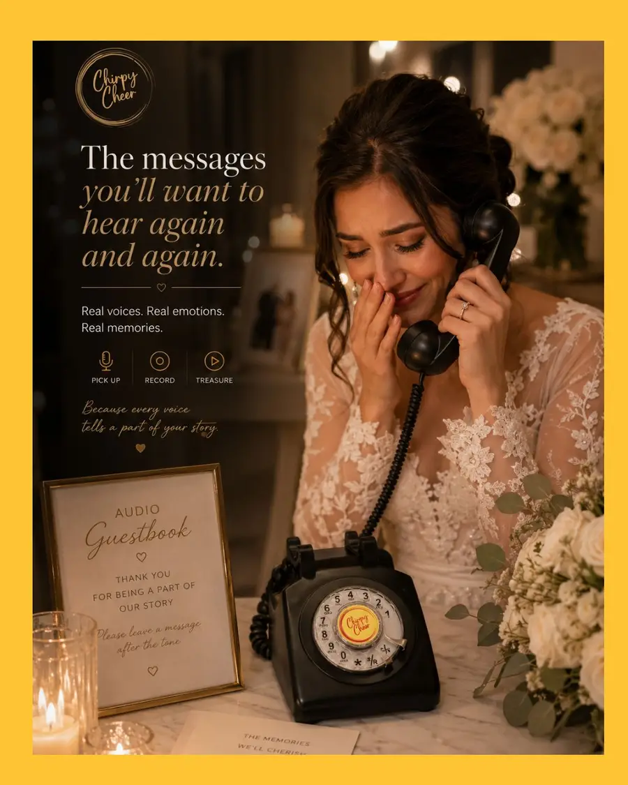 Designed social post: a bride moved to tears by an audio guestbook message